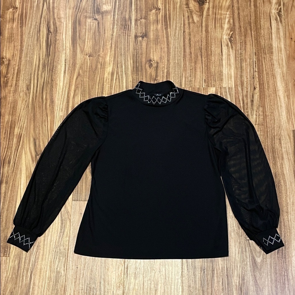 A love story women’s medium blouse top mock neck Black Embellished sheer sleeve
